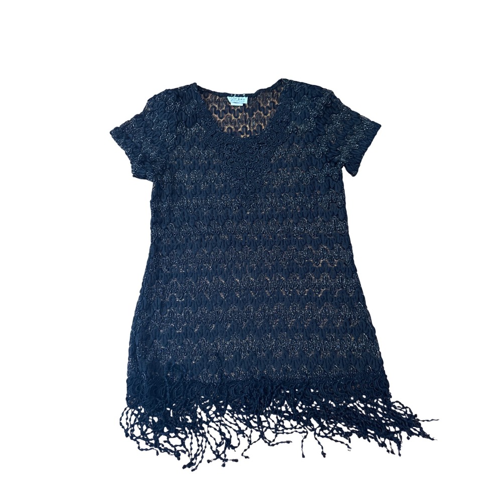 Dove Tunic Top Women Black Metallic Crochet Lace Fringe Boho Vintage SIZE M